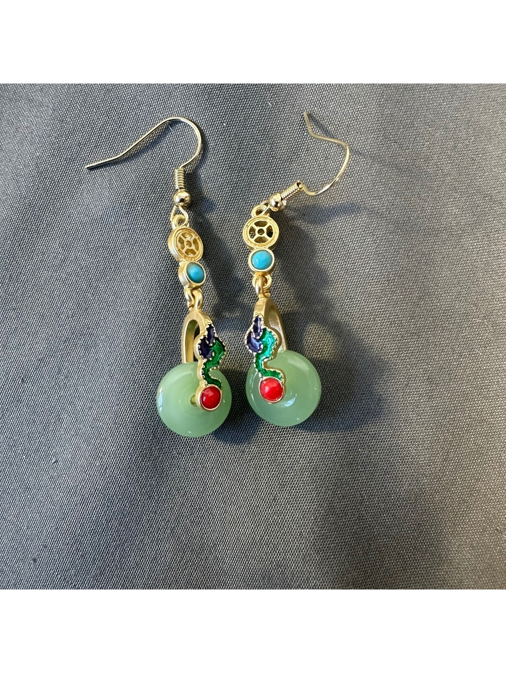 Unique Gold With Green Circular Stone Dangle Earrings